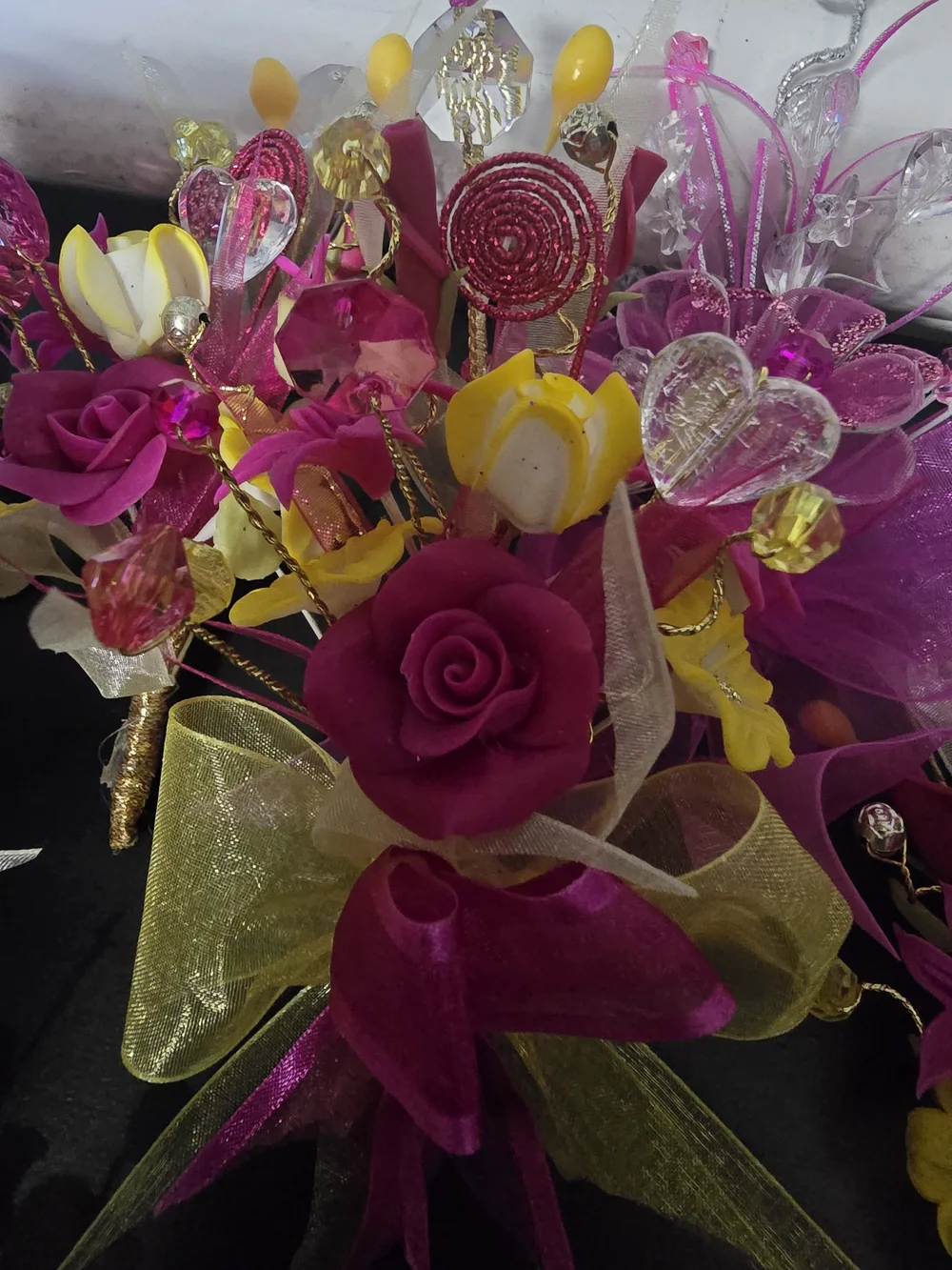 Bright Pink and Yellow Faux Floral Boutonniere Set by